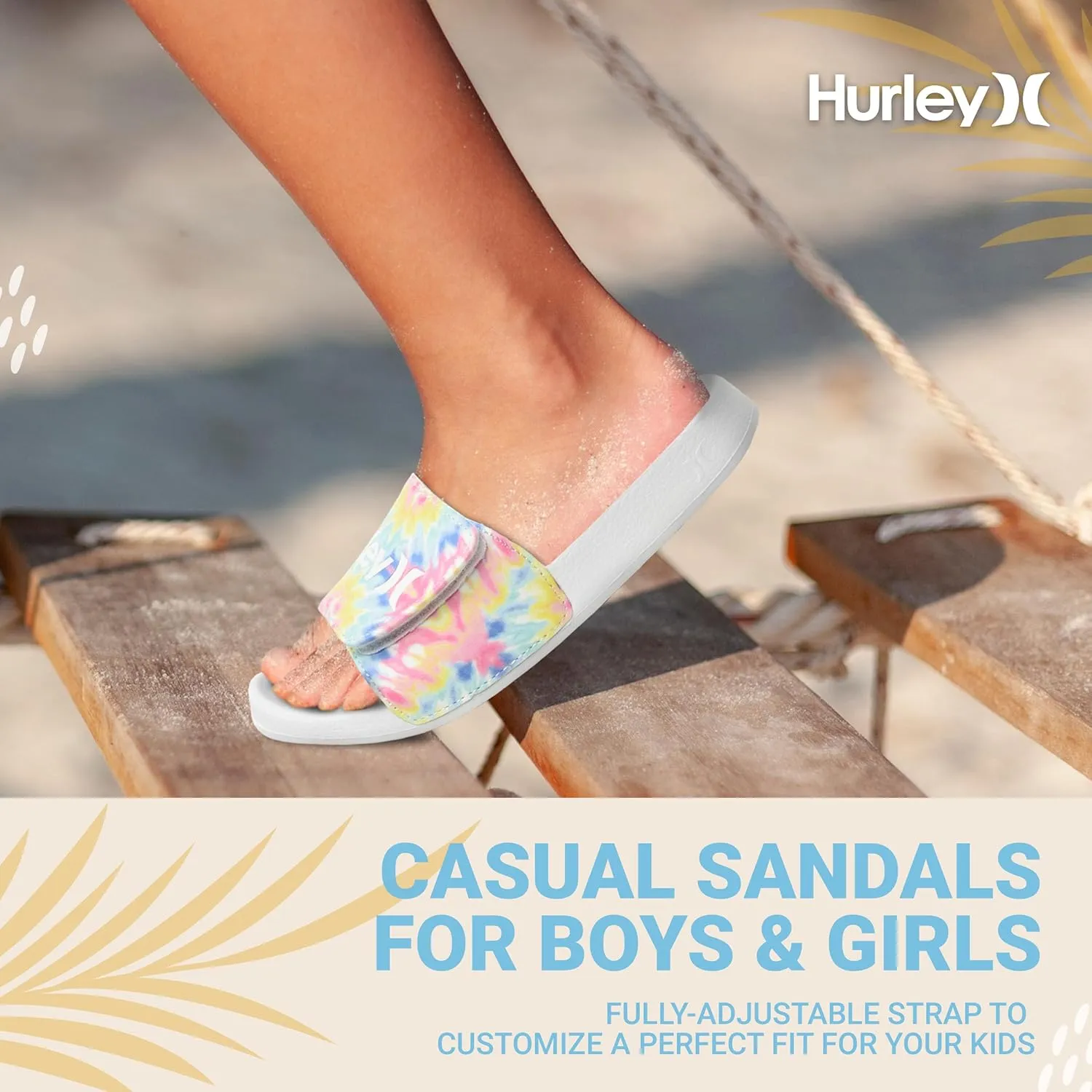 Hurley Naia Slides for Girls and Boys - Comfortable Slip-On Kids Sandals with Adjustable Strap, Unisex Slides for Indoor and Outdoor, Adjustable Sporty Slides for The Beach and Pool