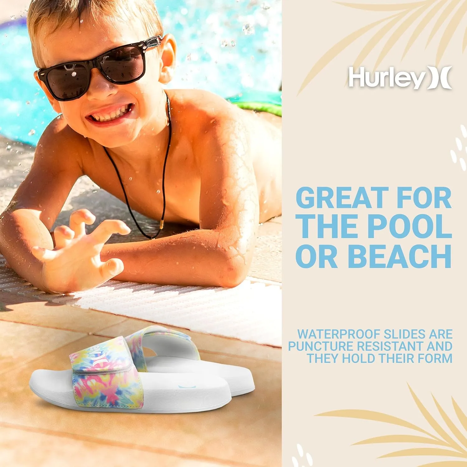 Hurley Naia Slides for Girls and Boys - Comfortable Slip-On Kids Sandals with Adjustable Strap, Unisex Slides for Indoor and Outdoor, Adjustable Sporty Slides for The Beach and Pool