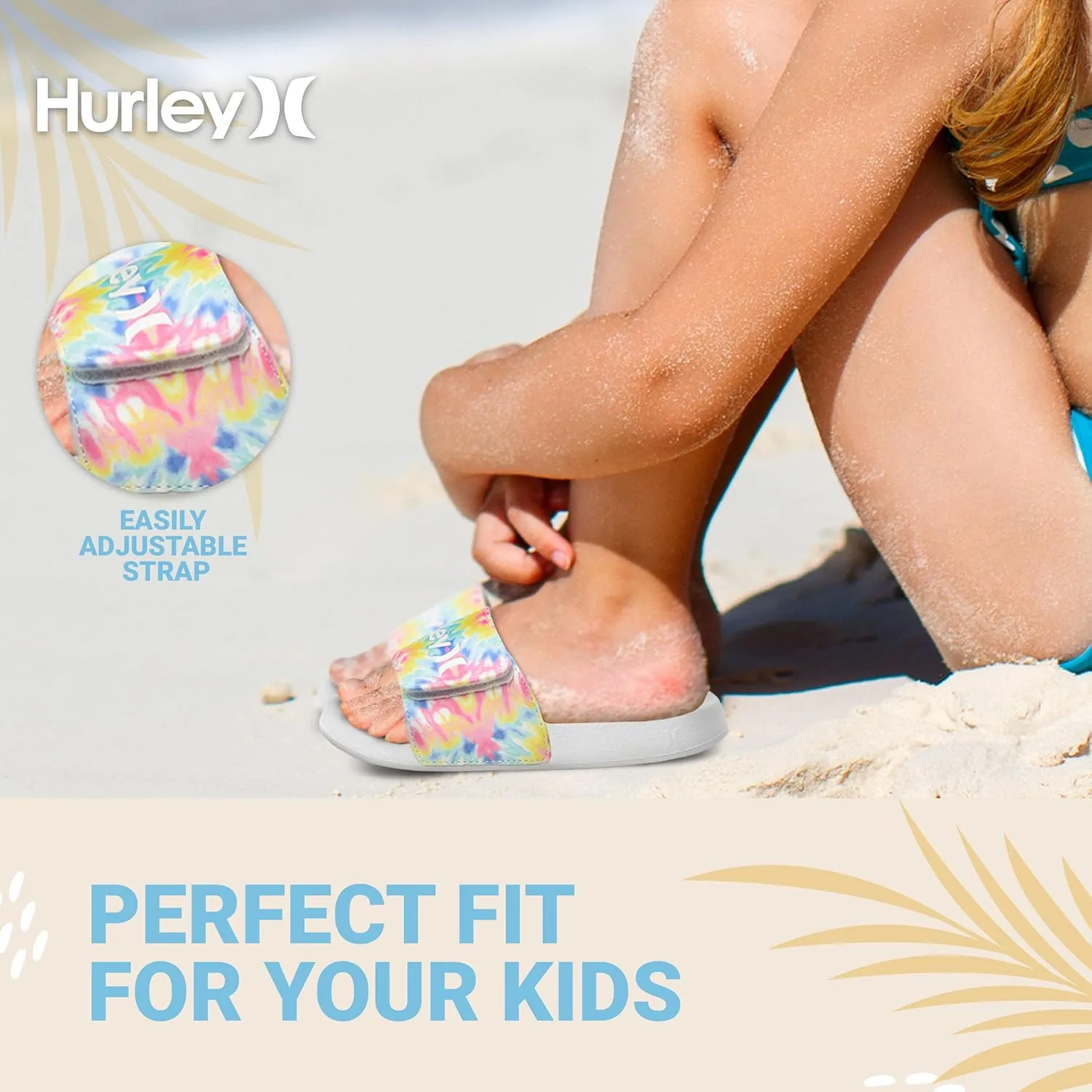 Hurley Naia Slides for Girls and Boys - Comfortable Slip-On Kids Sandals with Adjustable Strap, Unisex Slides for Indoor and Outdoor, Adjustable Sporty Slides for The Beach and Pool