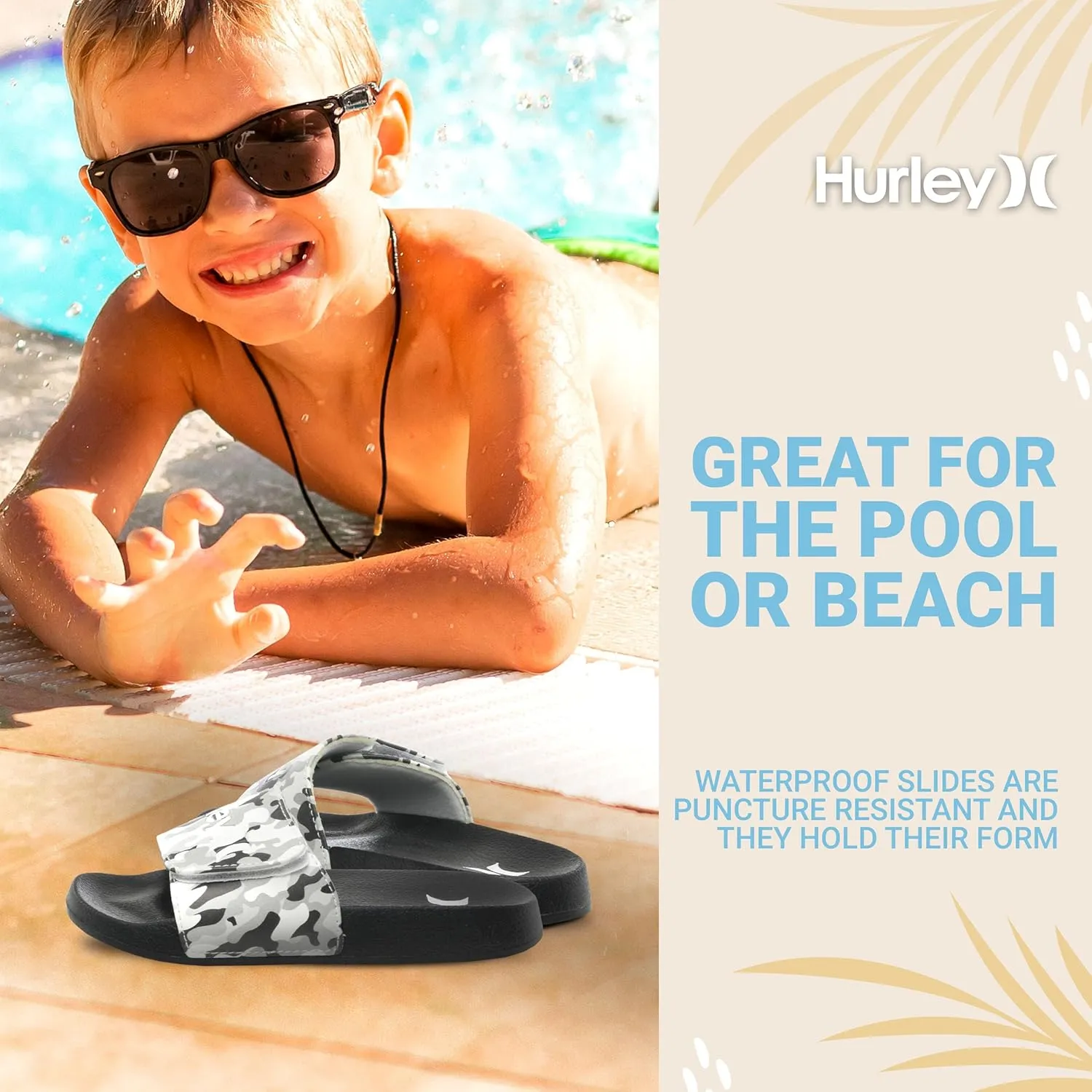 Hurley Naia Slides for Girls and Boys - Comfortable Slip-On Kids Sandals with Adjustable Strap, Unisex Slides for Indoor and Outdoor, Adjustable Sporty Slides for The Beach and Pool