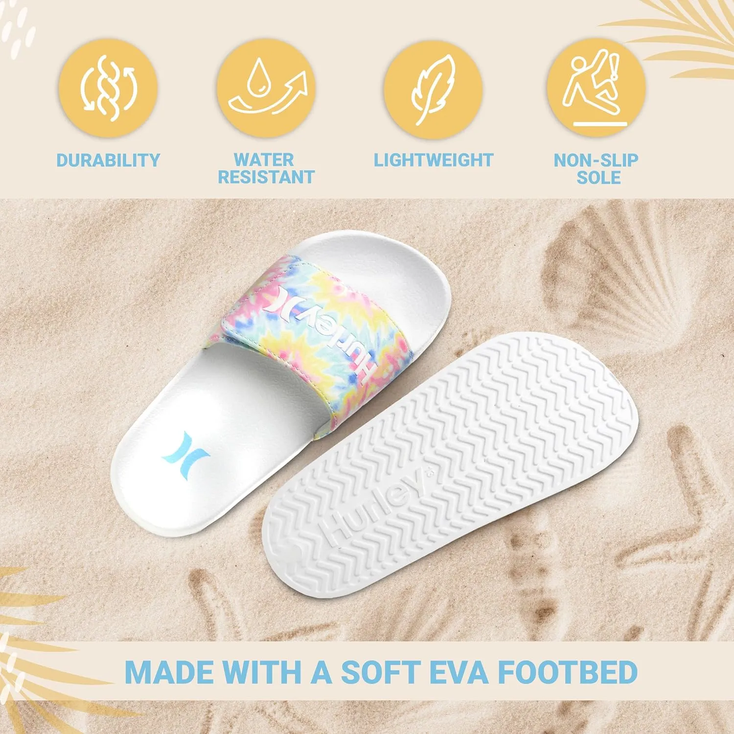 Hurley Naia Slides for Girls and Boys - Comfortable Slip-On Kids Sandals with Adjustable Strap, Unisex Slides for Indoor and Outdoor, Adjustable Sporty Slides for The Beach and Pool