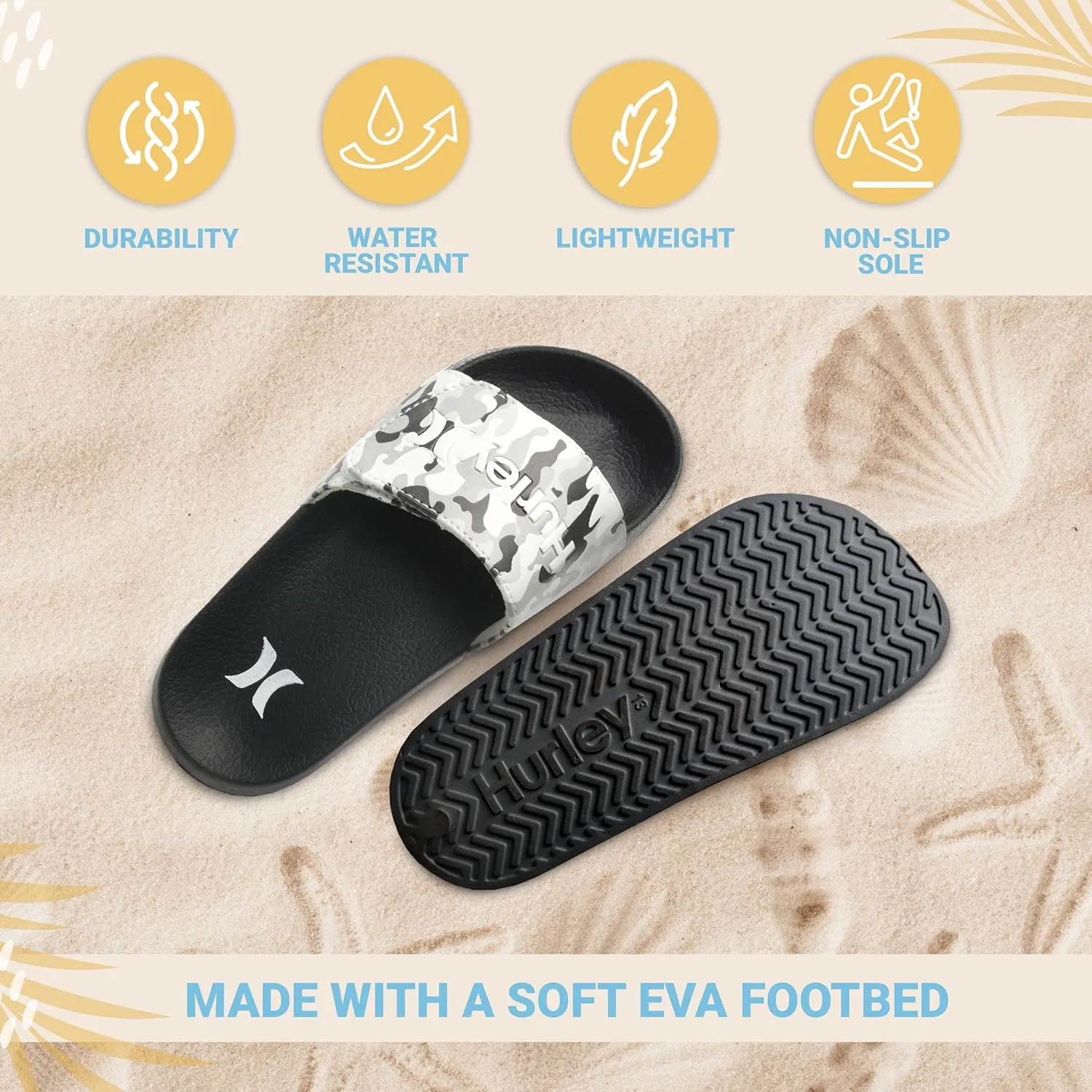 Hurley Naia Slides for Girls and Boys - Comfortable Slip-On Kids Sandals with Adjustable Strap, Unisex Slides for Indoor and Outdoor, Adjustable Sporty Slides for The Beach and Pool