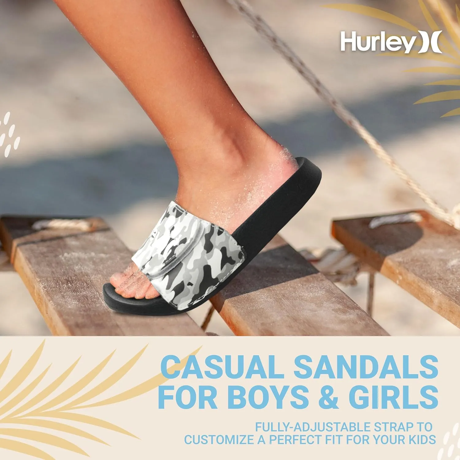 Hurley Naia Slides for Girls and Boys - Comfortable Slip-On Kids Sandals with Adjustable Strap, Unisex Slides for Indoor and Outdoor, Adjustable Sporty Slides for The Beach and Pool