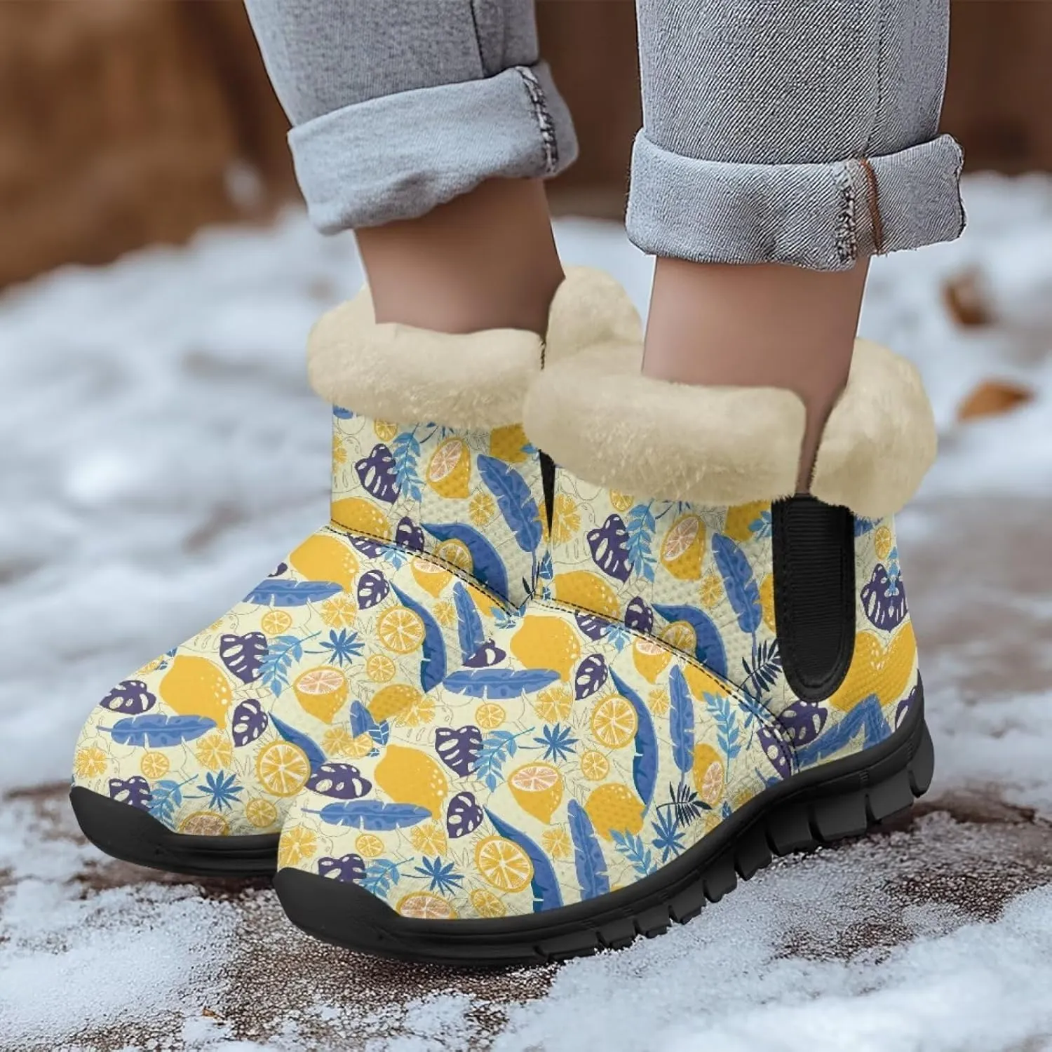 Jeiento Lemon Fruit Snow Boots for Women Anti-Slip Boots Winter Shoes Fashion Fuzzy Walking Boots