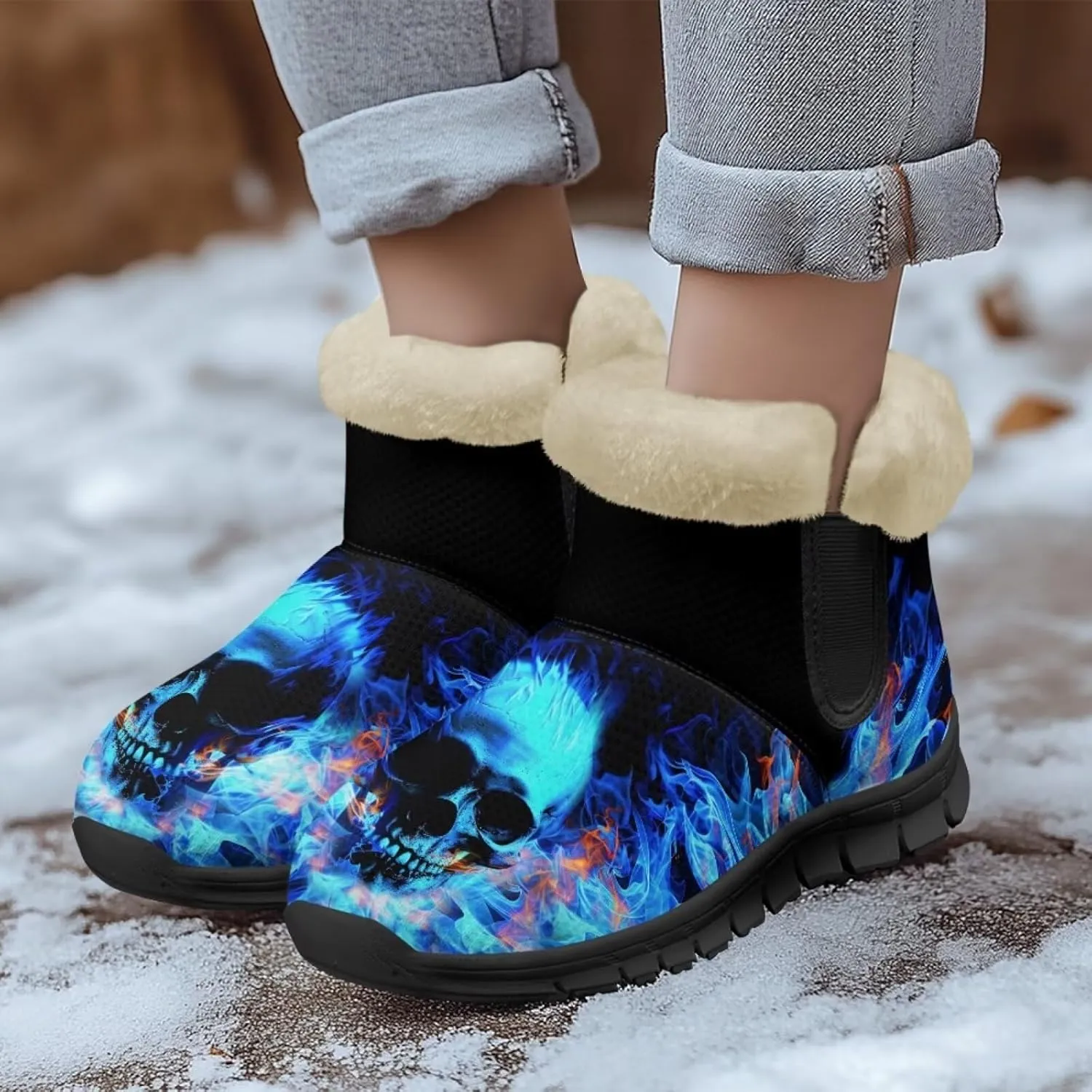 Jeiento Skull Womens Snow Boots Fuzzy Thickening Shoes Rose Lightweight Cozy Slip On Winter Shoes