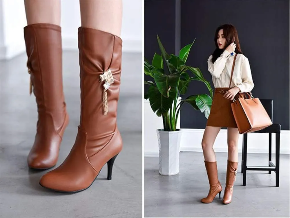 JITUUE Womens Mid Calf Slouched Heel Knee with pointed tips and drills High heeled boots Knight's style boots