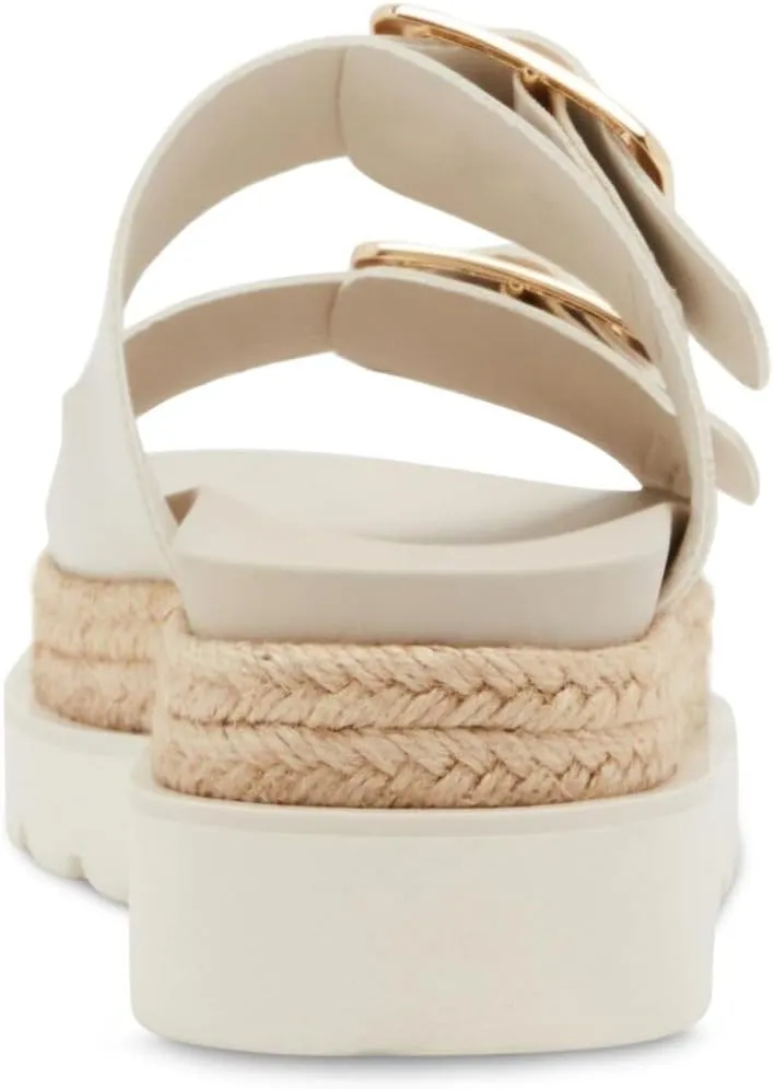 JORISTIMO Women's Raffia Platform Sandals Round Toe Double Buckle Buckle Strap Slip-On Flat Woven Summer Beach Shoes