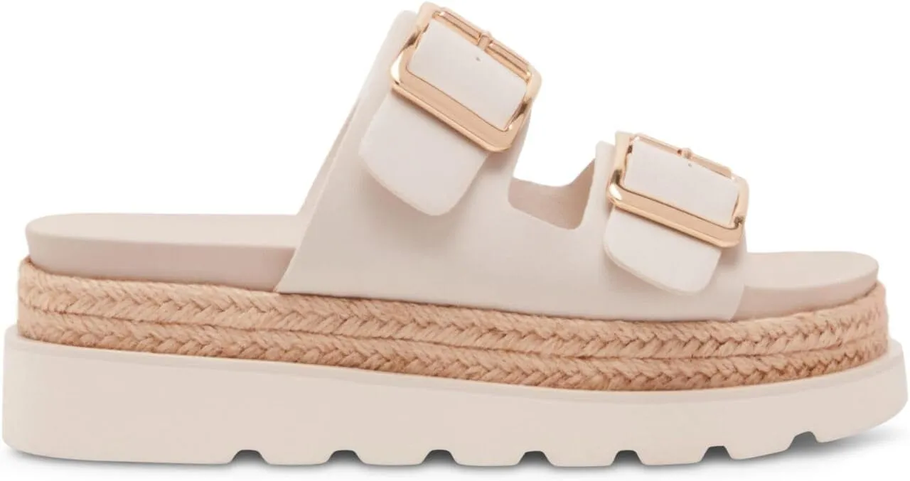 JORISTIMO Women's Raffia Platform Sandals Round Toe Double Buckle Buckle Strap Slip-On Flat Woven Summer Beach Shoes