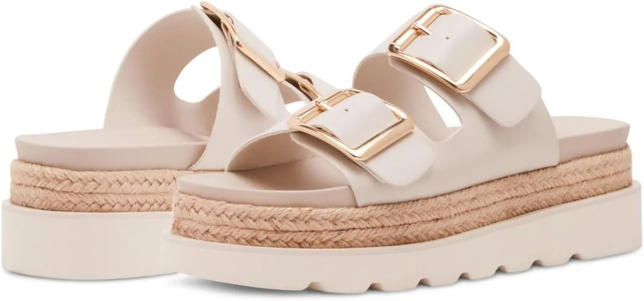JORISTIMO Women's Raffia Platform Sandals Round Toe Double Buckle Buckle Strap Slip-On Flat Woven Summer Beach Shoes