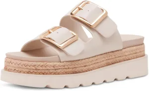 JORISTIMO Women's Raffia Platform Sandals Round Toe Double Buckle Buckle Strap Slip-On Flat Woven Summer Beach Shoes