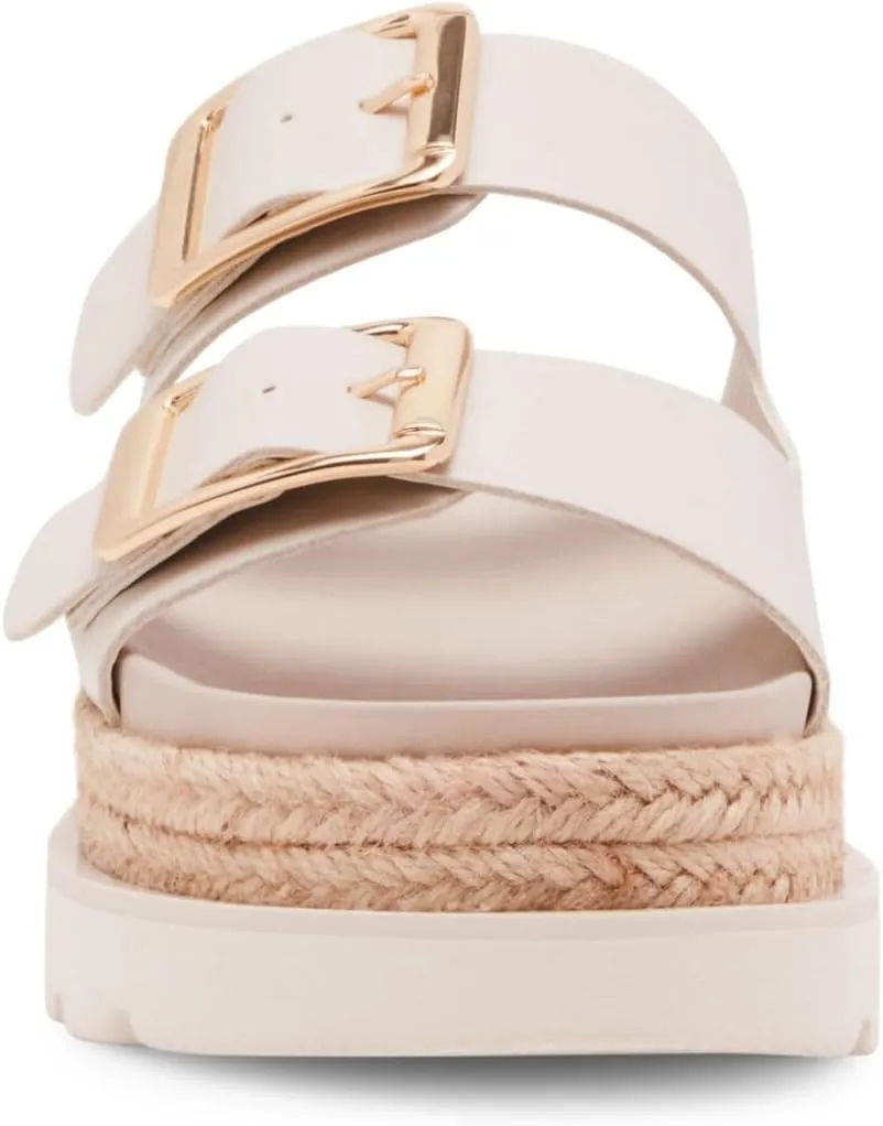 JORISTIMO Women's Raffia Platform Sandals Round Toe Double Buckle Buckle Strap Slip-On Flat Woven Summer Beach Shoes