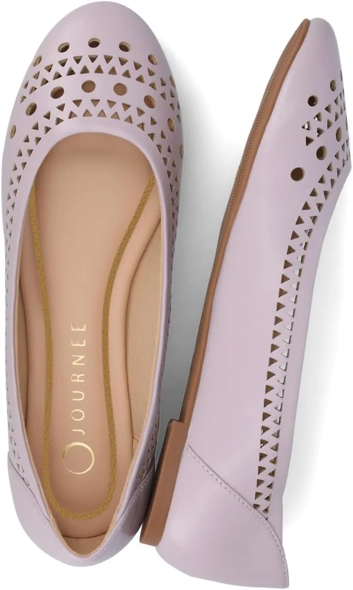 Journee Womens Flats cushioned footbed Kamrah Faux Leather Laser Cutout Designs Flat Sole Ballet Flats