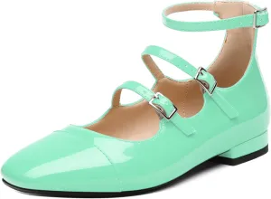 JUSTDANNI Flats for Women Mary Jane Shoes with Round Toe Low Chunky Block Heels Fashion Patent Ankle Strap Pumps for Wedding Party Dating Work