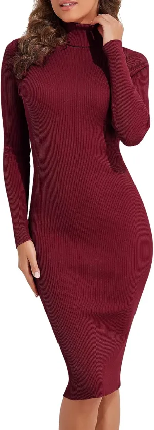 kayamiya Women's Turtleneck Midi Sweater Dress Long Sleeve Bodycon Ribbed Knit Dress