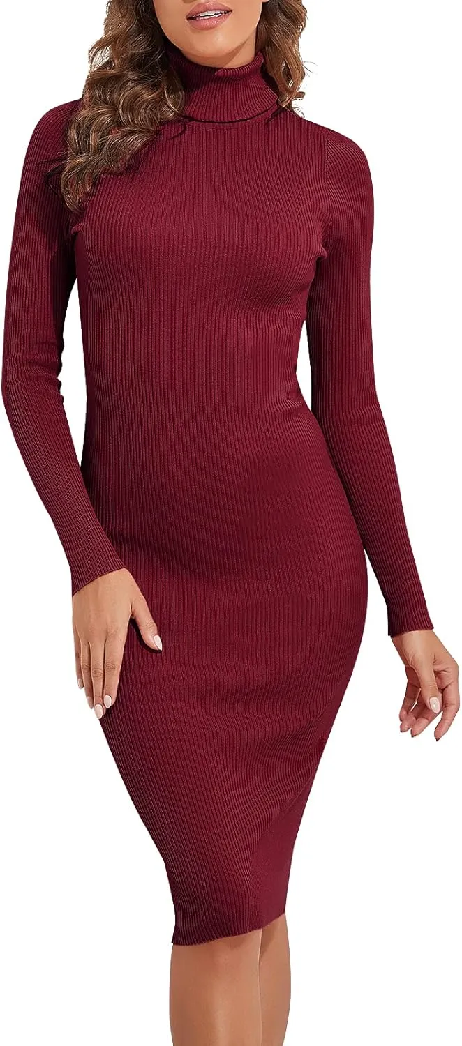 kayamiya Women's Turtleneck Midi Sweater Dress Long Sleeve Bodycon Ribbed Knit Dress