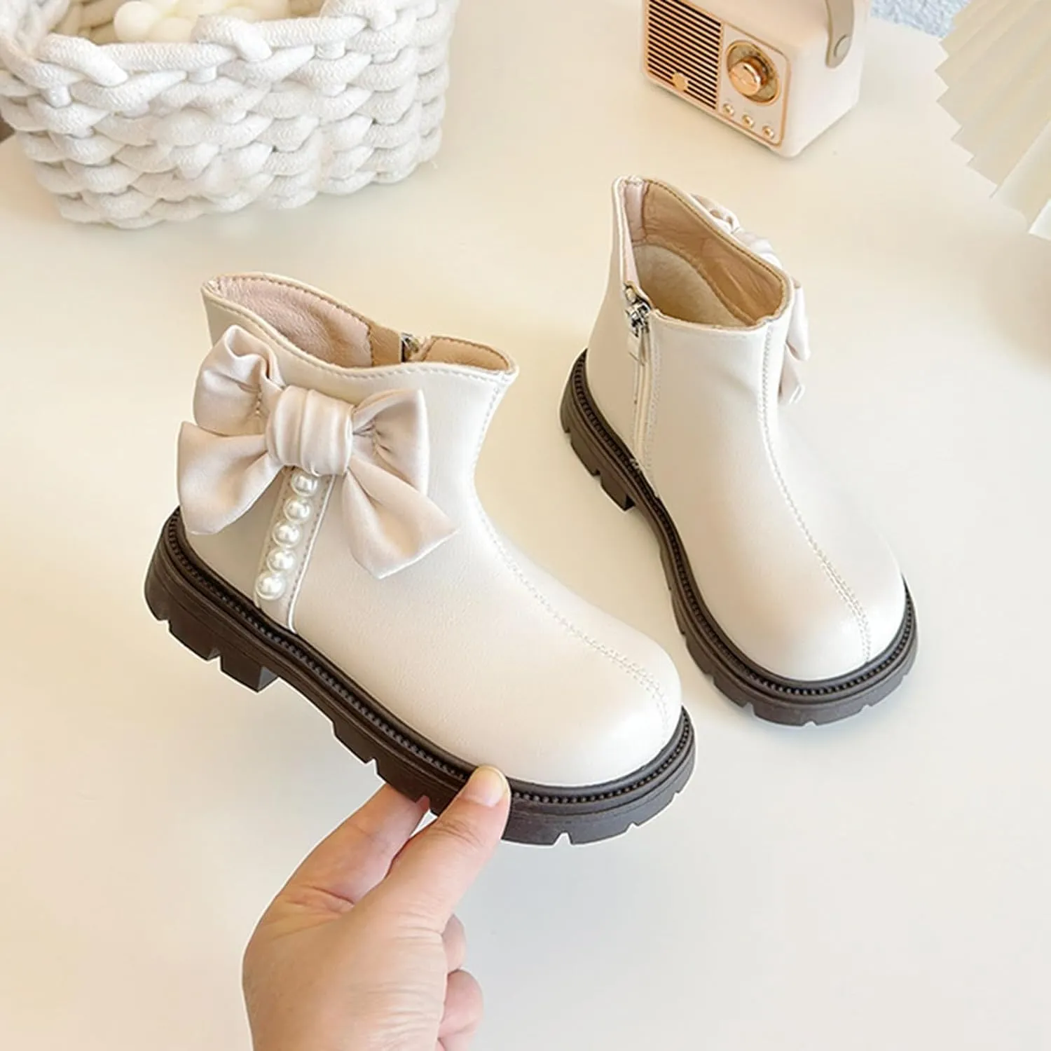 Kids Girls Pearl Bowknot Dress Boots Soft Sole Anti Slip Fashion Birthday Wedding Shoes Little Girl Warm Boots