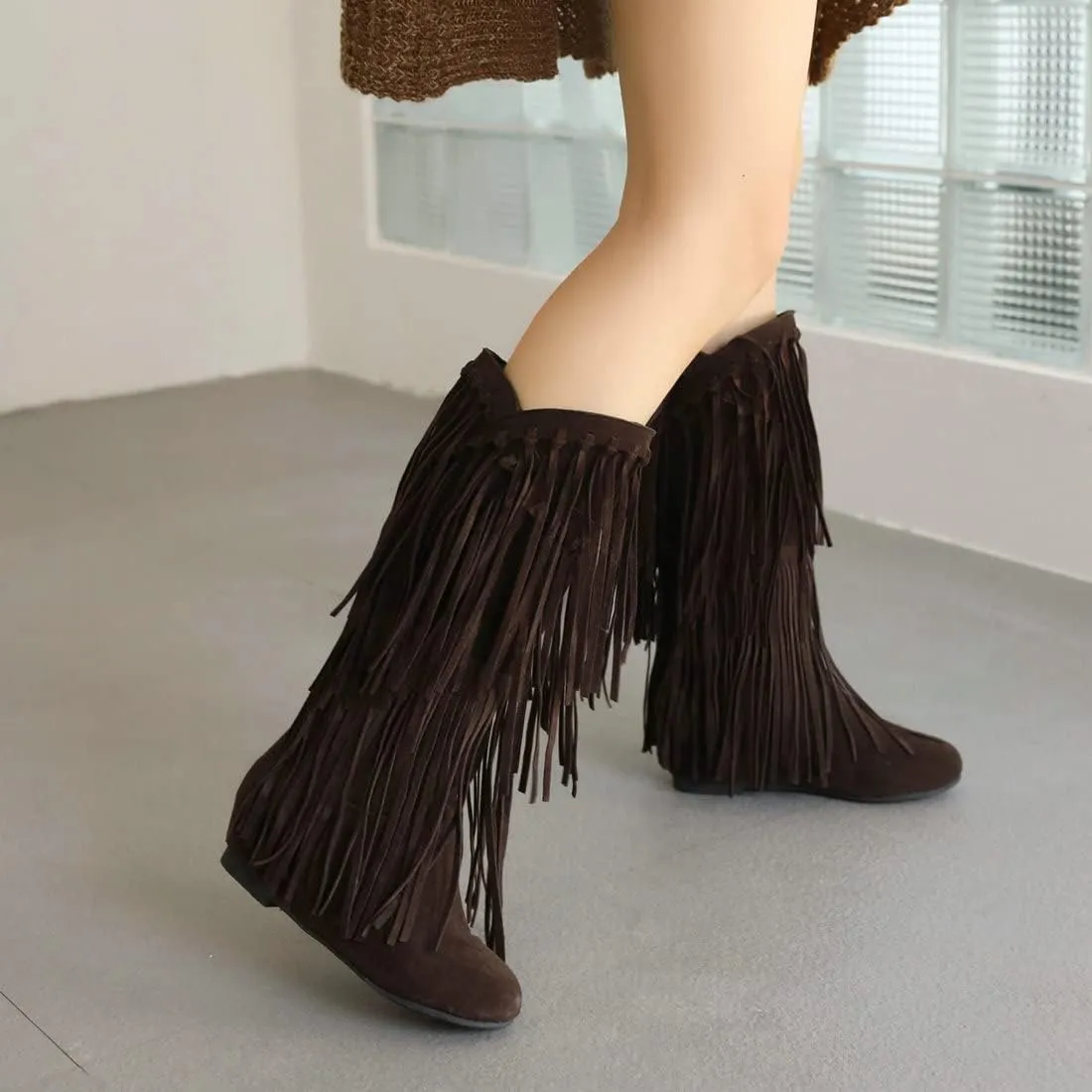 KiutSymo Women's Flat Mid Calf Fringe Boots Wide Calf Tassel Boots Round Toe Slip On Warm Winter Boots
