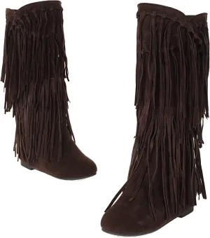 KiutSymo Women's Flat Mid Calf Fringe Boots Wide Calf Tassel Boots Round Toe Slip On Warm Winter Boots