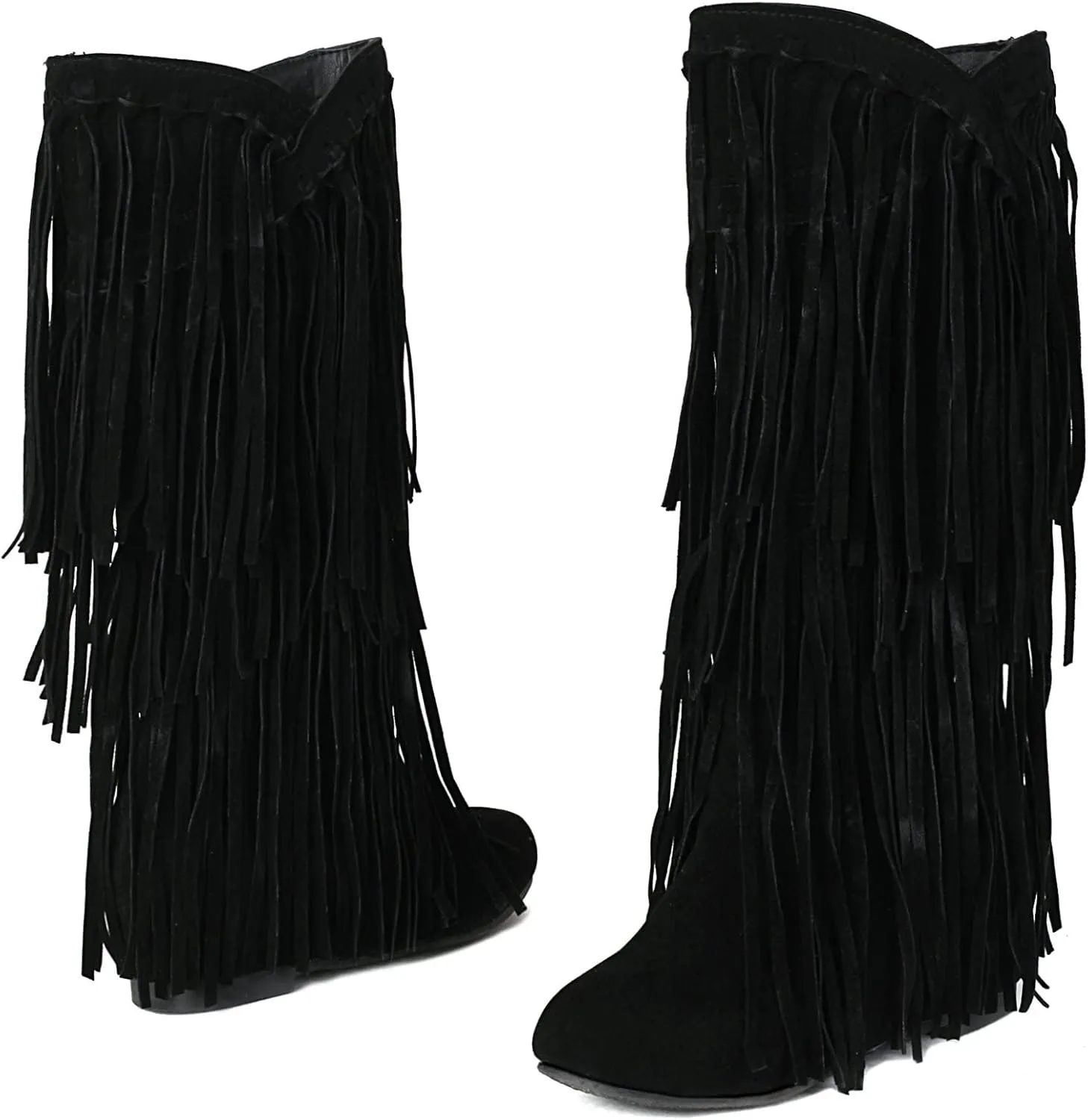 KiutSymo Women's Flat Mid Calf Fringe Boots Wide Calf Tassel Boots Round Toe Slip On Warm Winter Boots
