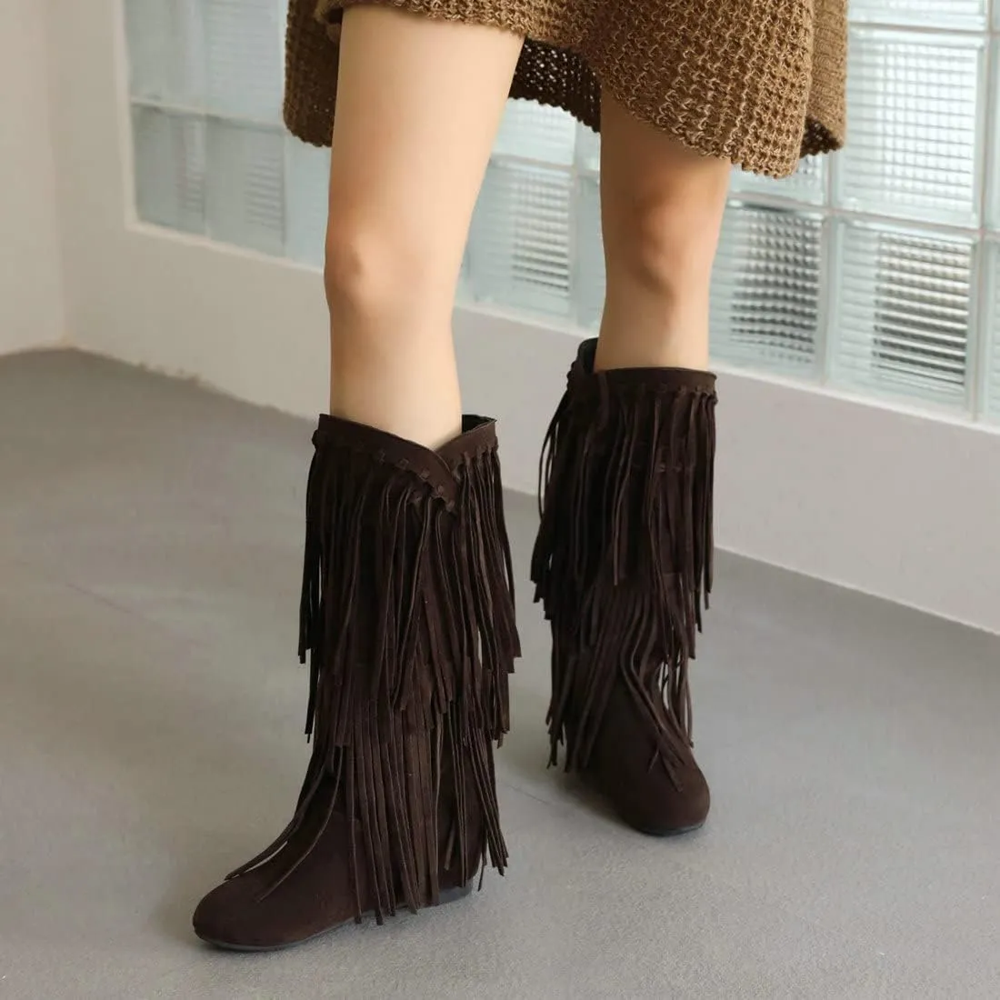 KiutSymo Women's Flat Mid Calf Fringe Boots Wide Calf Tassel Boots Round Toe Slip On Warm Winter Boots
