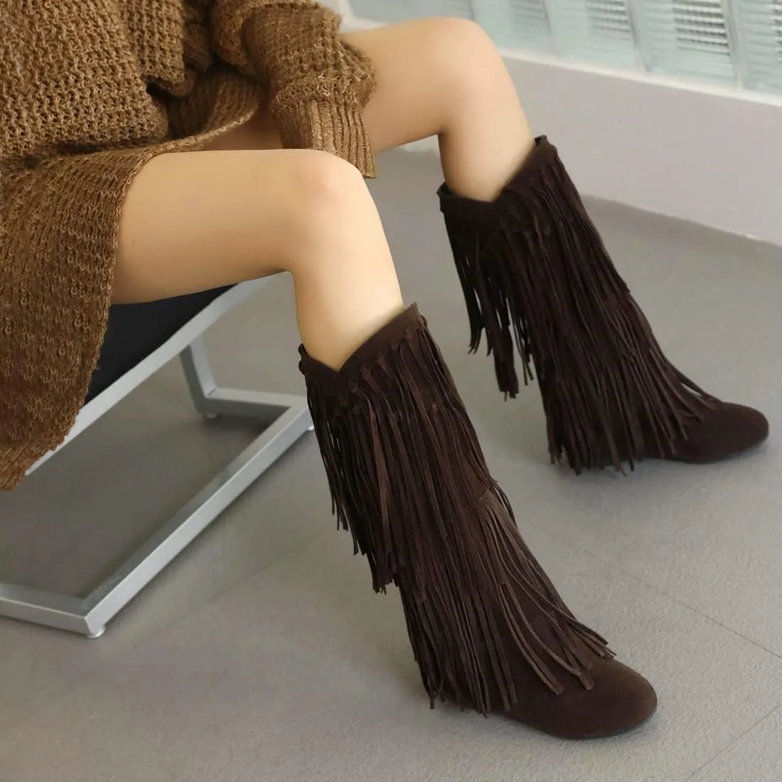 KiutSymo Women's Flat Mid Calf Fringe Boots Wide Calf Tassel Boots Round Toe Slip On Warm Winter Boots