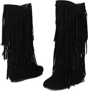 KiutSymo Women's Flat Mid Calf Fringe Boots Wide Calf Tassel Boots Round Toe Slip On Warm Winter Boots