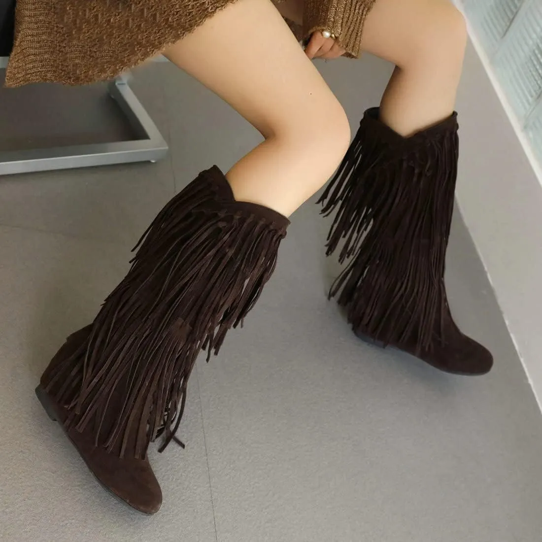 KiutSymo Women's Flat Mid Calf Fringe Boots Wide Calf Tassel Boots Round Toe Slip On Warm Winter Boots