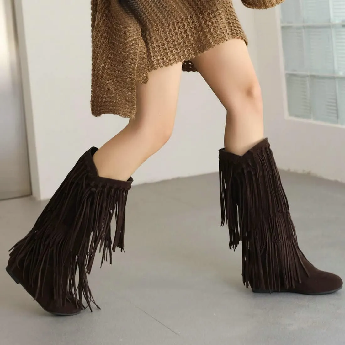KiutSymo Women's Flat Mid Calf Fringe Boots Wide Calf Tassel Boots Round Toe Slip On Warm Winter Boots