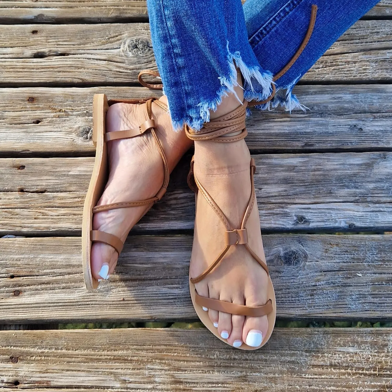 Leather Greek tie up sandals, Lace Up Leather Sandals for Women, Barefoot Sandals, Gladiator Sandals, Summer Shoes, Bridesmaid Gift, Handmade flats, Beach shoes (US 8, Brown)… (9 US, Brown)