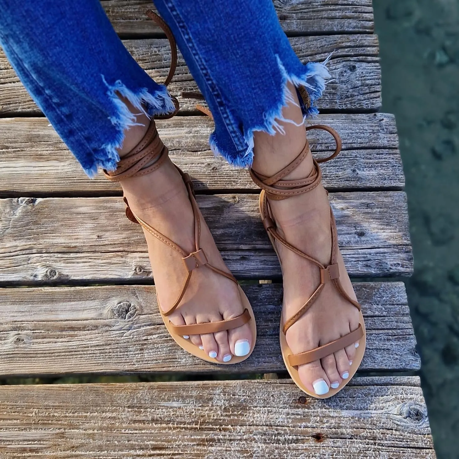 Leather Greek tie up sandals, Lace Up Leather Sandals for Women, Barefoot Sandals, Gladiator Sandals, Summer Shoes, Bridesmaid Gift, Handmade flats, Beach shoes (US 8, Brown)… (9 US, Brown)