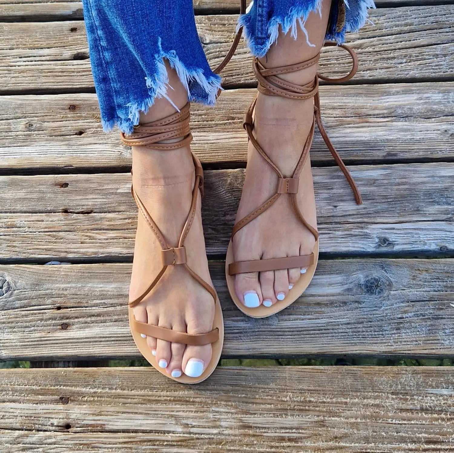 Leather Greek tie up sandals, Lace Up Leather Sandals for Women, Barefoot Sandals, Gladiator Sandals, Summer Shoes, Bridesmaid Gift, Handmade flats, Beach shoes (US 8, Brown)… (9 US, Brown)