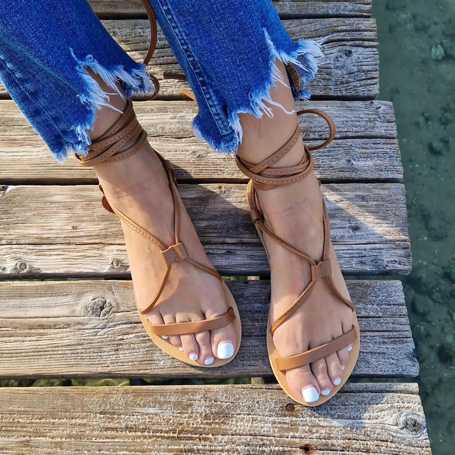 Leather Greek tie up sandals, Lace Up Leather Sandals for Women, Barefoot Sandals, Gladiator Sandals, Summer Shoes, Bridesmaid Gift, Handmade flats, Beach shoes (US 8, Brown)… (9 US, Brown)
