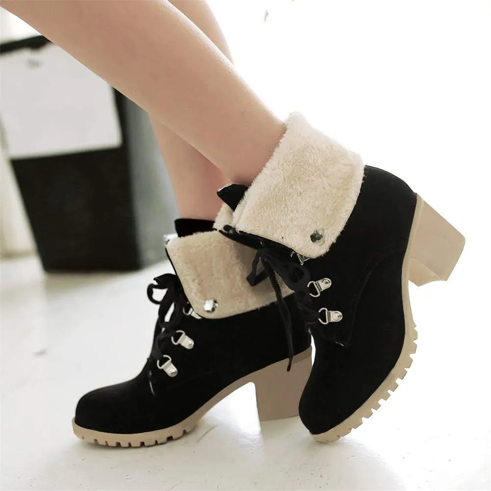 LUXMAX Women Lace Up Fold Over Ankle Boots Block Heel Winter Warm Booties