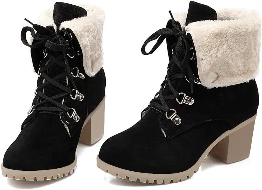LUXMAX Women Lace Up Fold Over Ankle Boots Block Heel Winter Warm Booties