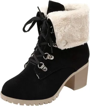 LUXMAX Women Lace Up Fold Over Ankle Boots Block Heel Winter Warm Booties
