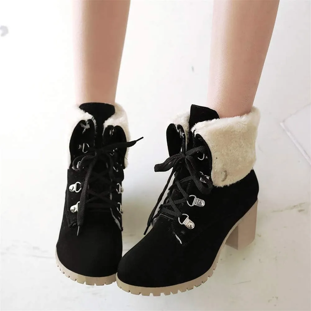 LUXMAX Women Lace Up Fold Over Ankle Boots Block Heel Winter Warm Booties