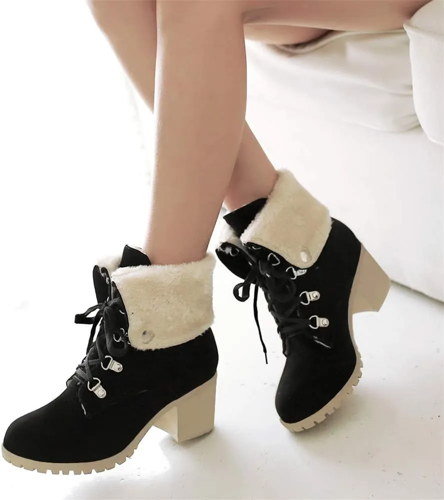 LUXMAX Women Lace Up Fold Over Ankle Boots Block Heel Winter Warm Booties