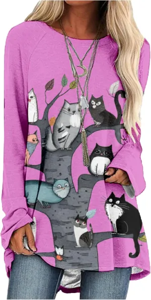 MARSVOVO Women's Long Sleeve Cat Sweatshirt Pullover Cute Cats Lover 3D Graphic Sweatshirts Crewneck Casual Loose Shirts