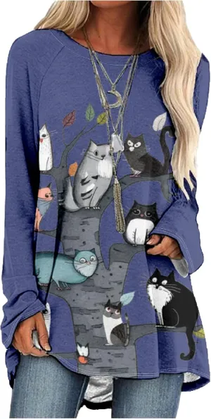 MARSVOVO Women's Long Sleeve Cat Sweatshirt Pullover Cute Cats Lover 3D Graphic Sweatshirts Crewneck Casual Loose Shirts