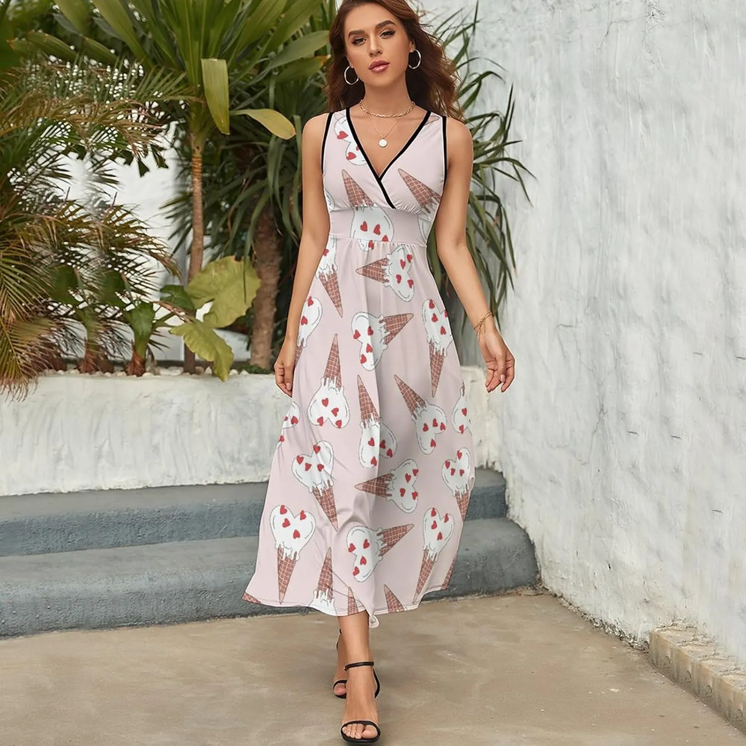 Maxi Dresses for Women Summer Sleeveless Dress Retro Heart Ice Cream Casual V Neck Sundress