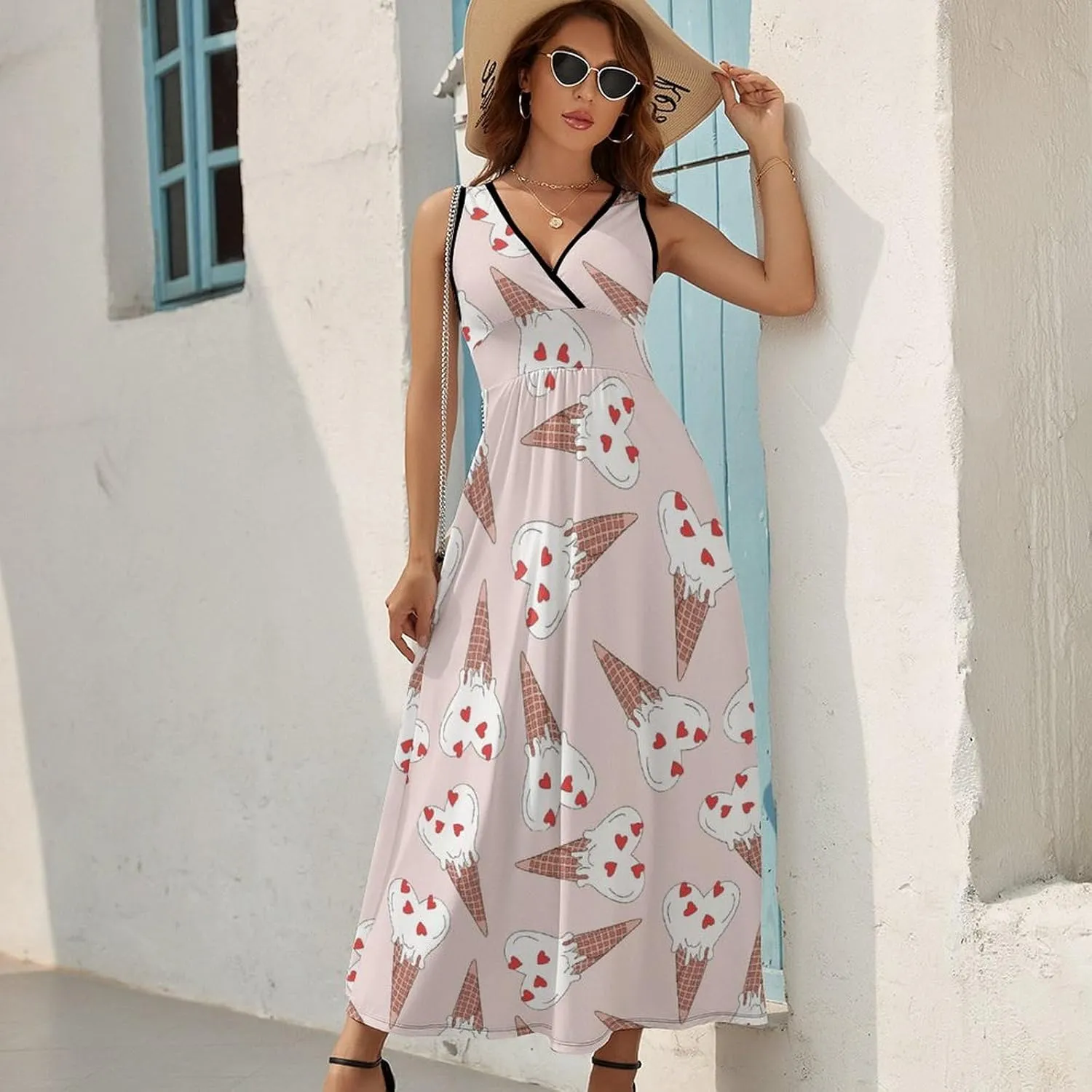 Maxi Dresses for Women Summer Sleeveless Dress Retro Heart Ice Cream Casual V Neck Sundress