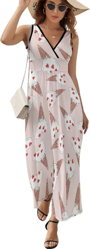 Maxi Dresses for Women Summer Sleeveless Dress Retro Heart Ice Cream Casual V Neck Sundress