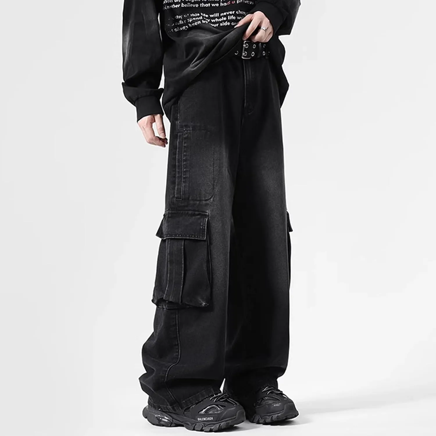 Men's Baggy Jeans Vintage Cargo Jeans Y2K Hip Hop Grunge Jnco Jeans Straight Leg Denim Pants with Pockets