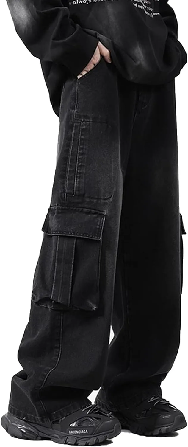 Men's Baggy Jeans Vintage Cargo Jeans Y2K Hip Hop Grunge Jnco Jeans Straight Leg Denim Pants with Pockets