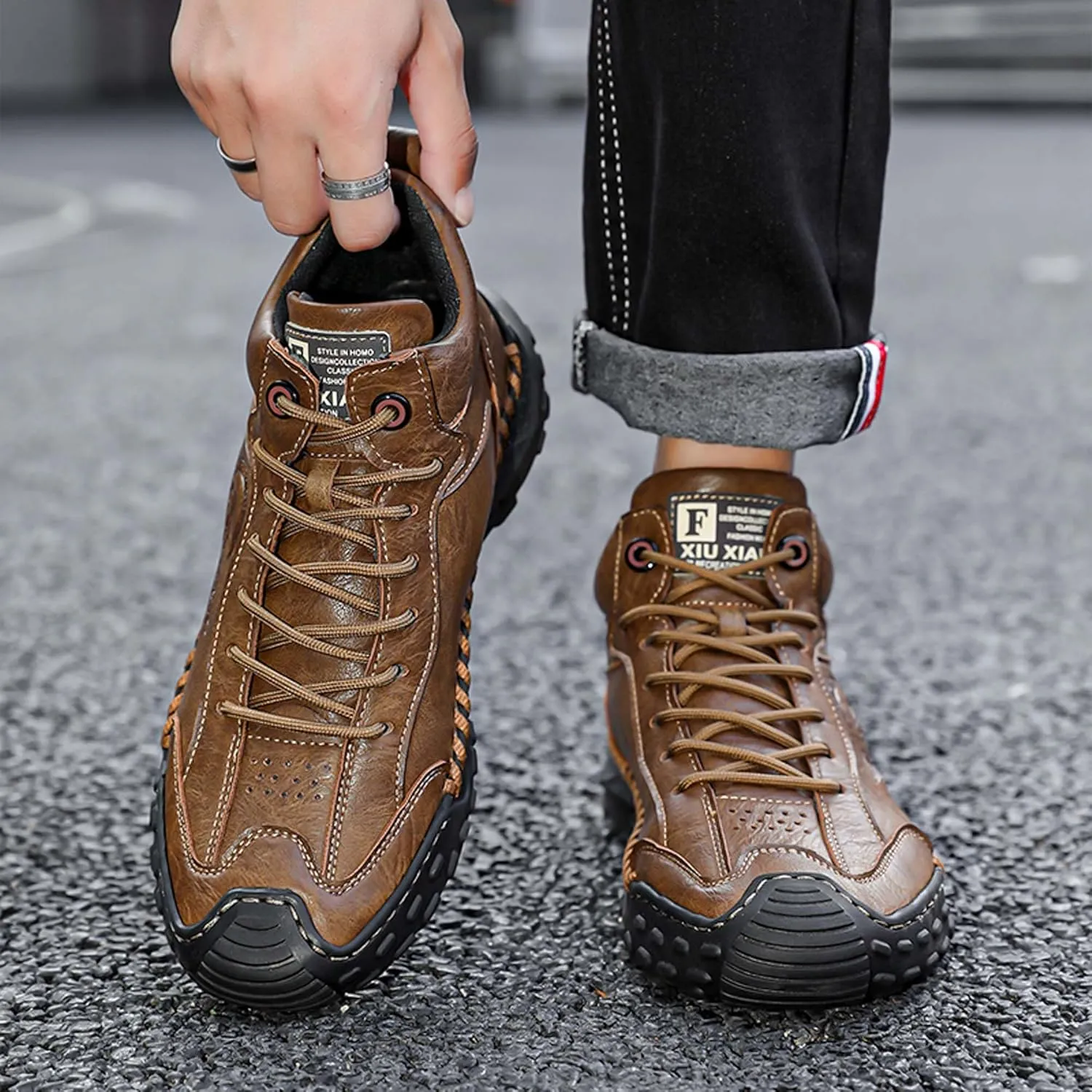 Men's Premium Cow Leather Sneakers, Walking Shoes, Mid Top Casual Shoes for Men,Mesh Lining, Hand Sewn, Comfortable, Soft, Non-Slip, Durable