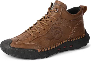 Men's Premium Cow Leather Sneakers, Walking Shoes, Mid Top Casual Shoes for Men,Mesh Lining, Hand Sewn, Comfortable, Soft, Non-Slip, Durable