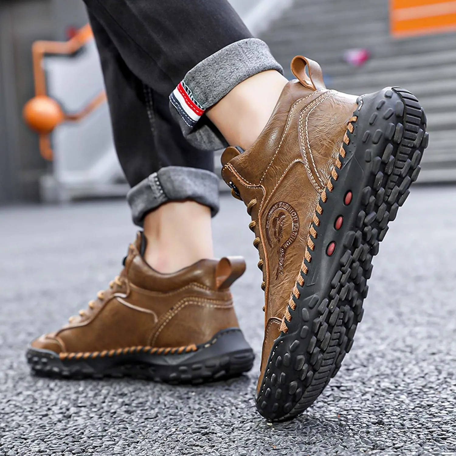 Men's Premium Cow Leather Sneakers, Walking Shoes, Mid Top Casual Shoes for Men,Mesh Lining, Hand Sewn, Comfortable, Soft, Non-Slip, Durable