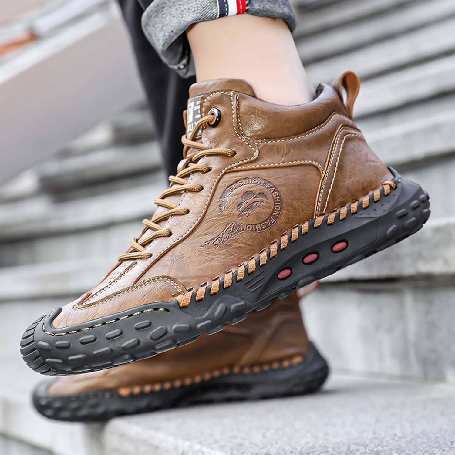 Men's Premium Cow Leather Sneakers, Walking Shoes, Mid Top Casual Shoes for Men,Mesh Lining, Hand Sewn, Comfortable, Soft, Non-Slip, Durable