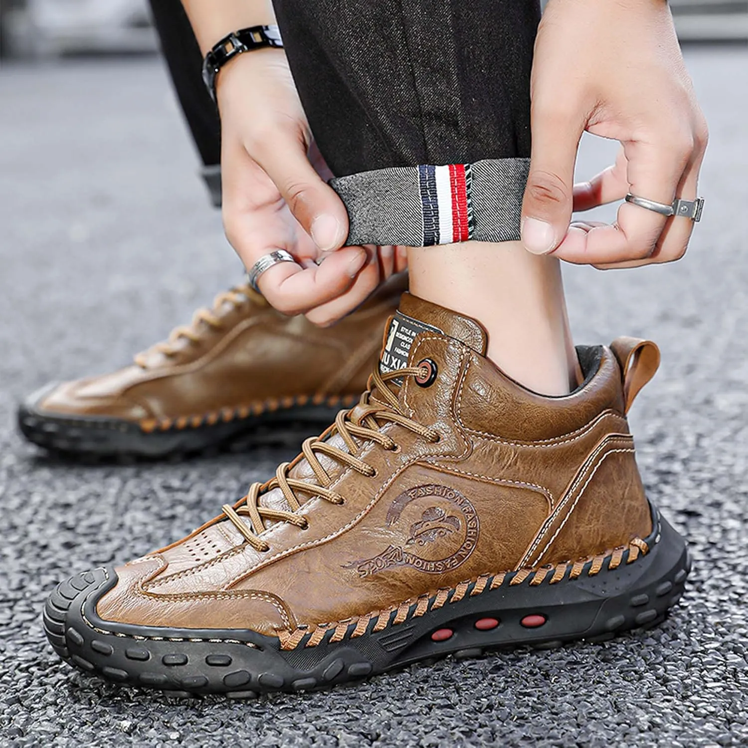Men's Premium Cow Leather Sneakers, Walking Shoes, Mid Top Casual Shoes for Men,Mesh Lining, Hand Sewn, Comfortable, Soft, Non-Slip, Durable