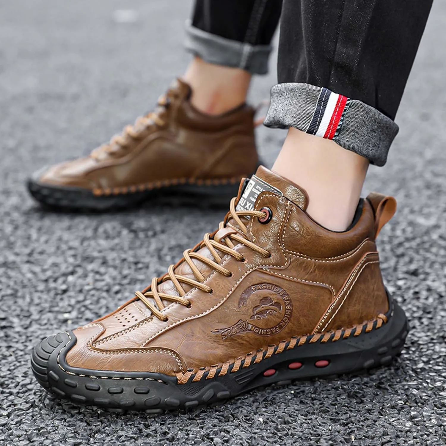 Men's Premium Cow Leather Sneakers, Walking Shoes, Mid Top Casual Shoes for Men,Mesh Lining, Hand Sewn, Comfortable, Soft, Non-Slip, Durable